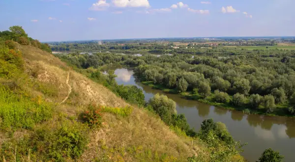 Widok na meandrującą rzekę wśród bujnej zieleni. Na pierwszym planie strome, trawiaste zbocze, przypominające krajobraz gór pieprzowych.