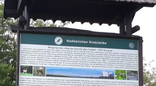 Tablica informacyjna o szczycie góry Lubań (1225 m n.p.m.) w Beskidach. Opisuje szlak, florę i faunę.