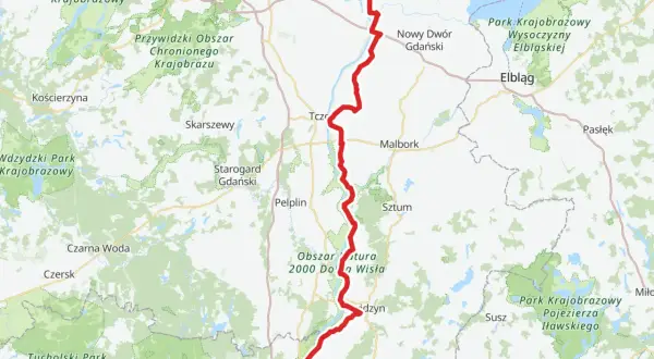 Mapa z zaznaczonymi trasami rowerowymi Elbląg i okolicami. Czerwona linia prowadzi od Gdańska przez Malbork do okolic Elbląga.