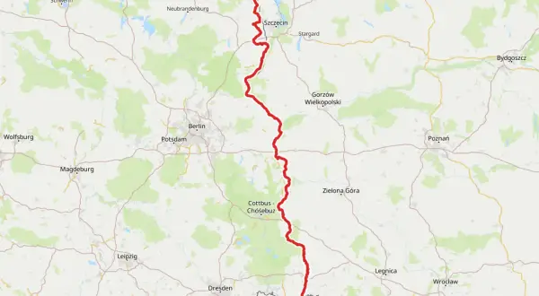 Mapa pokazuje szlak rowerowy Odra-Nysa, biegnący od Świnoujścia przez Szczecin, Gorzów Wlkp., Zieloną Górę, aż po Czechy.