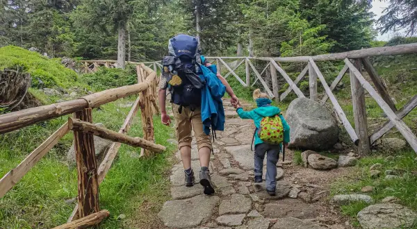 Dzieci i rodzic na pielgrzymce w Karpaczu, idą kamienistym szlakiem przez las, otoczeni drewnianym płotem.