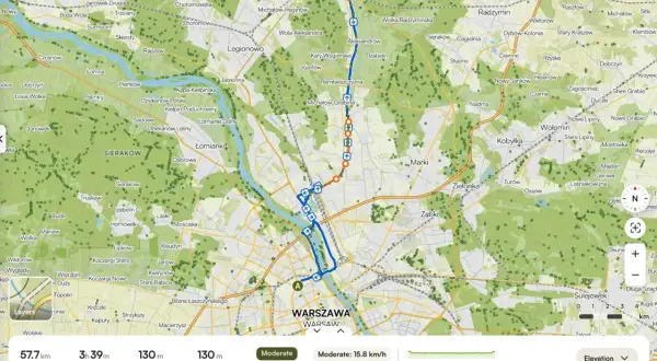 Trasy rowerowe okolice Warszawy: mapa pokazuje pętlę 57,7 km z Warszawy przez Łomianki, Legionowo i powrót.