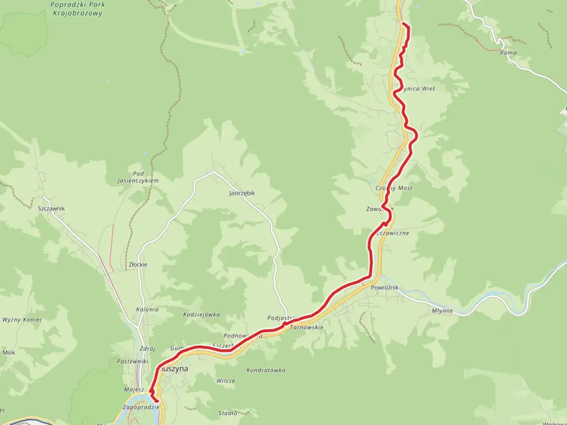 Mapa z zaznaczoną trasą rowerową velo krynica, prowadzącą przez Muszynę, Złockie i okolice Popradzkiego Parku Krajobrazowego.