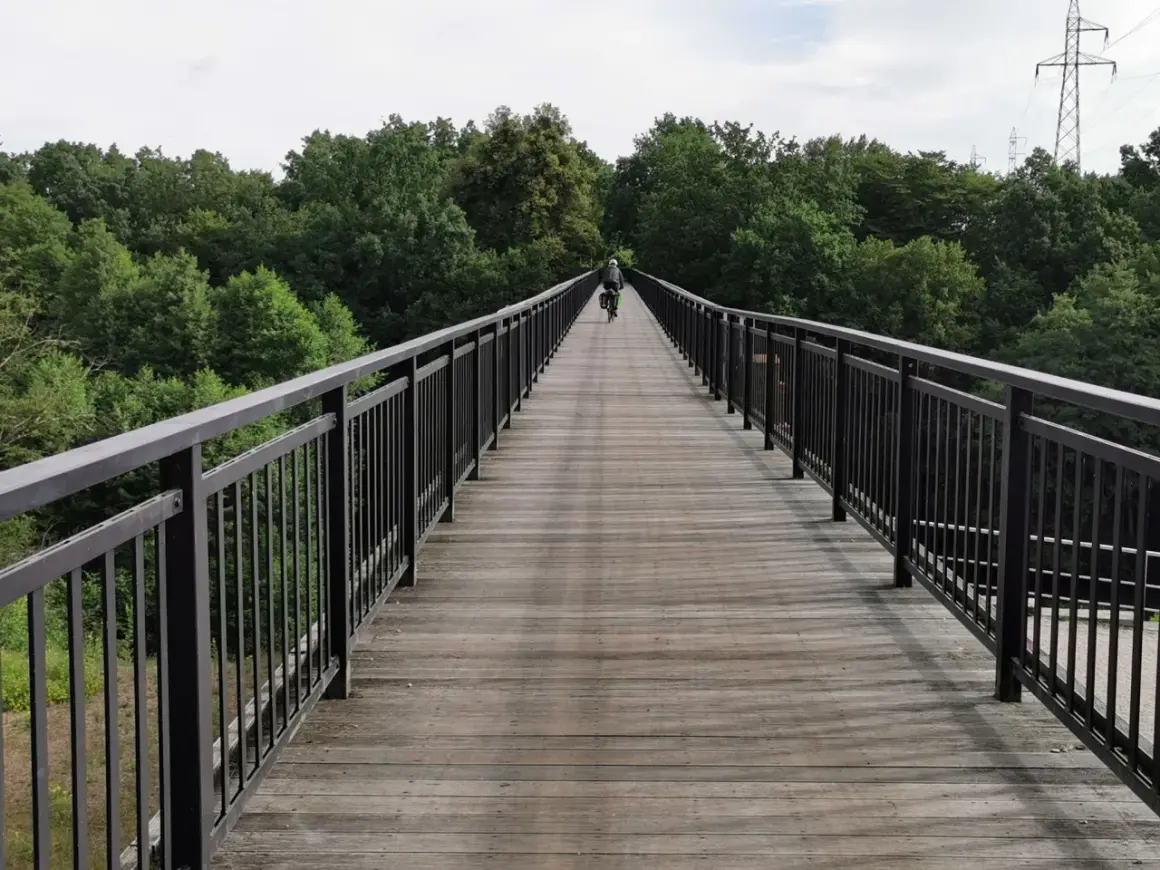 Rowerzysta na drewnianym moście wśród drzew. Idealne miejsce na odkrywanie tras rowerowych Bydgoszcz.