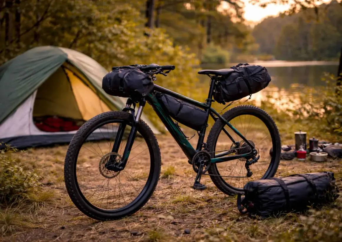 Rower gravelowy z sakwami, gotowy na przygodę. Obok namiot i sprzęt biwakowy nad jeziorem. To idealny aqua velo na wyprawę.