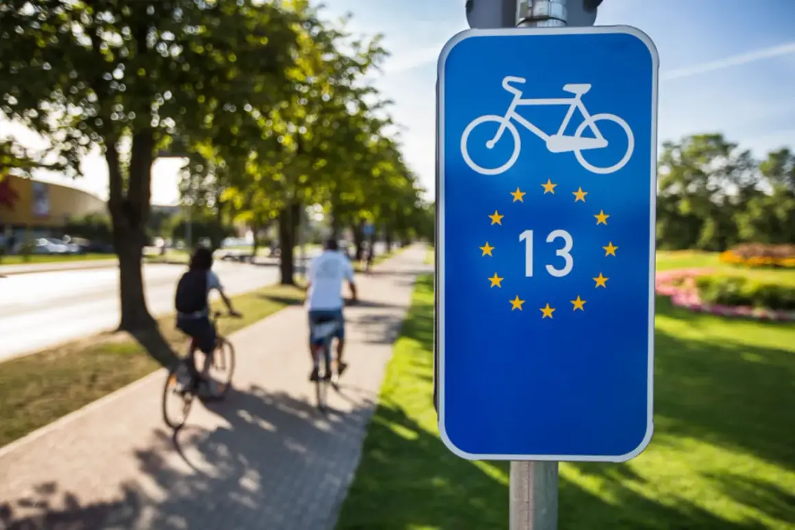 Znak EuroVelo 13 na ścieżce rowerowej. Dwie osoby jadą na rowerach wzdłuż alei drzew.