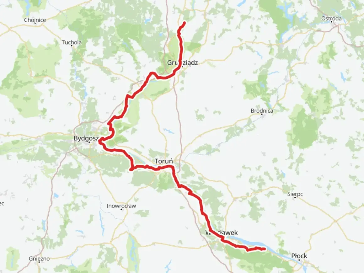 Mapa z zaznaczonymi trasami rowerowymi Kujawsko-Pomorskiego, wiodącymi przez Bydgoszcz, Toruń i Grudziądz.