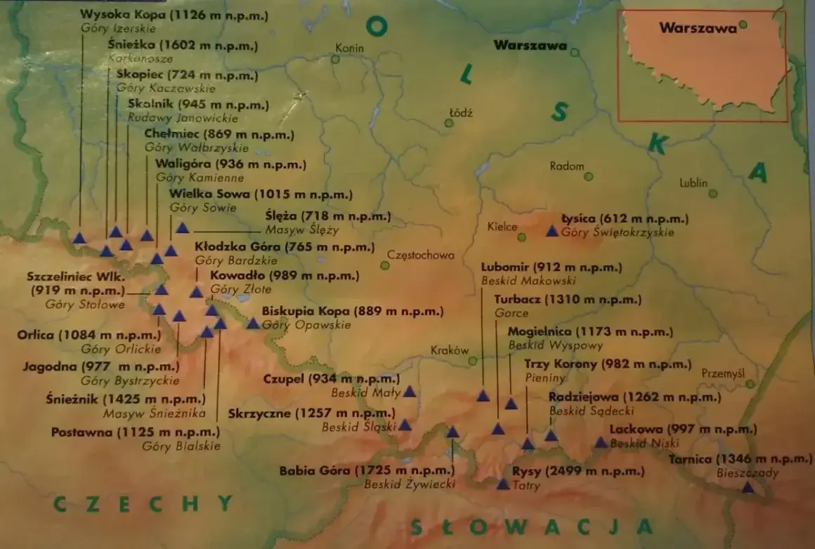 Mapa przedstawia szczyty tworzące koronę gór polskich, od Karkonoszy po Bieszczady.