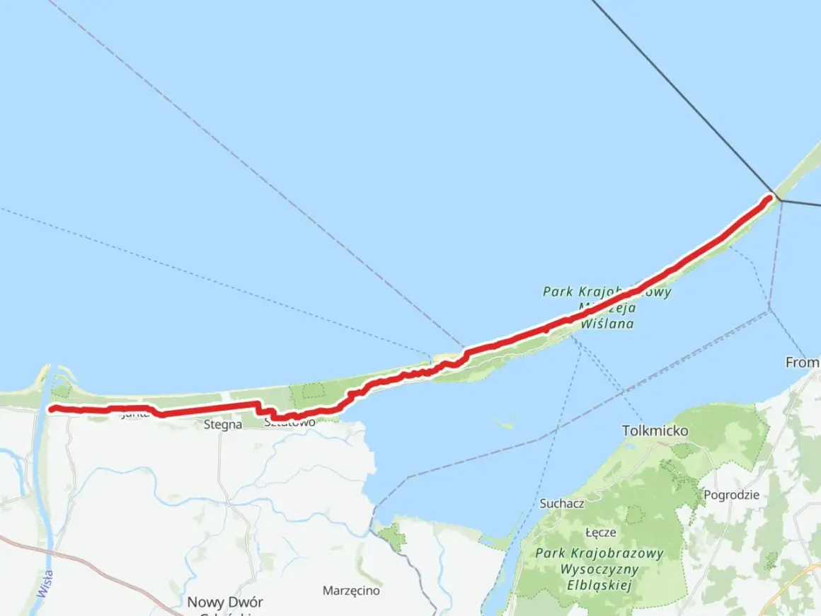 Trasa rowerowa EuroVelo 10 wzdłuż Mierzei Wiślanej, od ujścia Wisły przez Stegnę do okolic Fromborka.