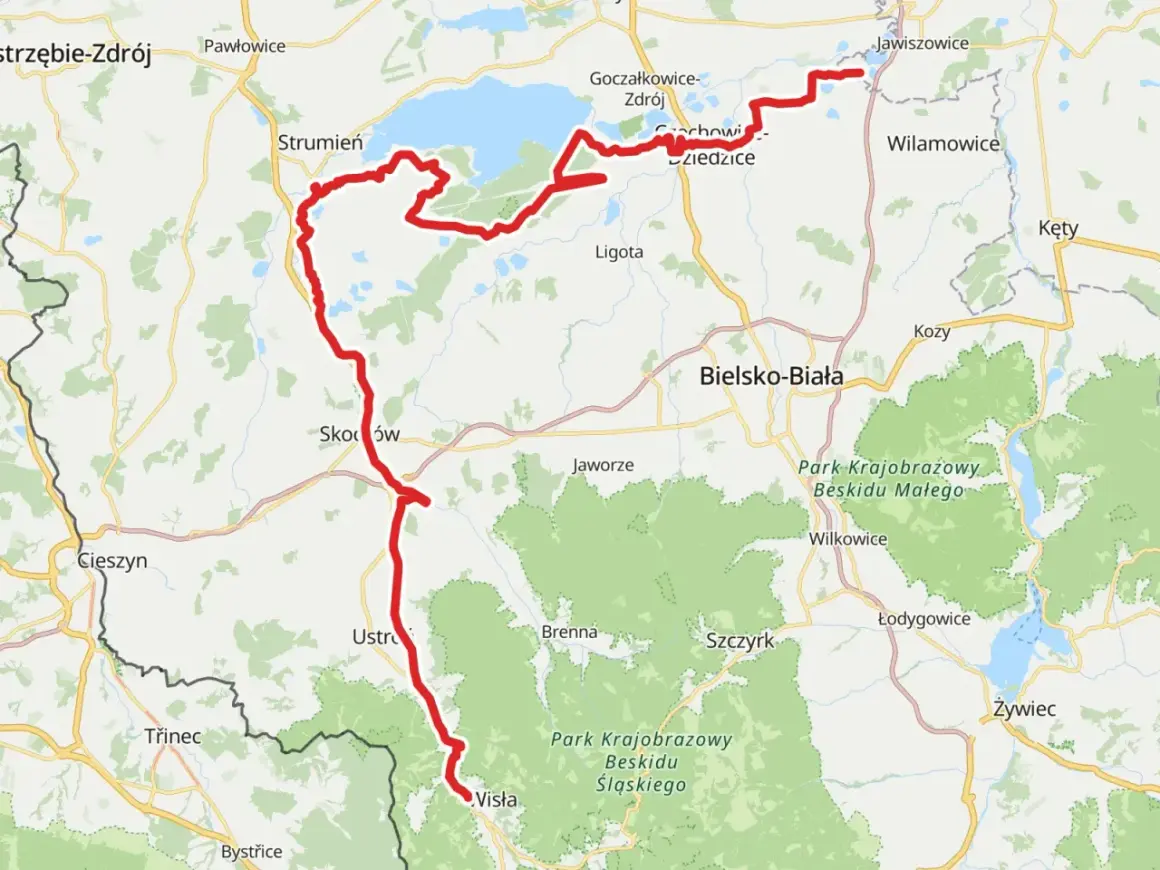 Mapa tras rowerowych Śląsk: od Jeziora Goczałkowickiego przez Beskid Śląski do Wisły.