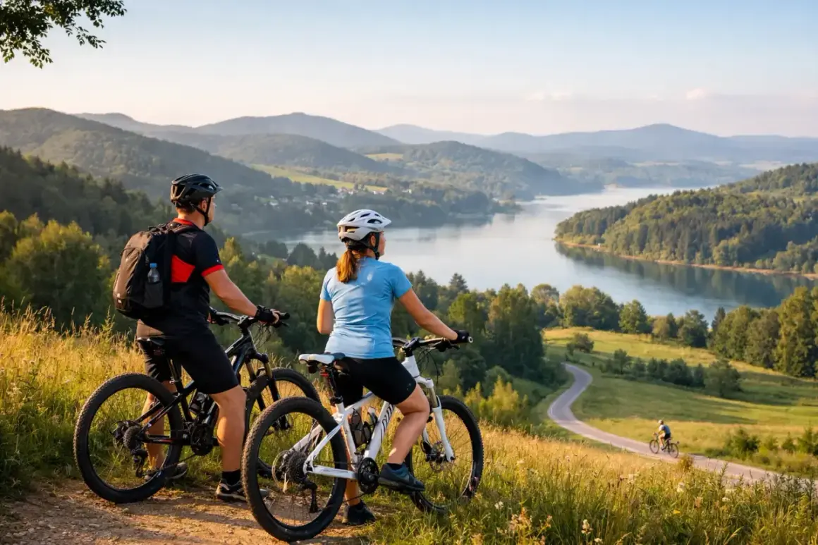 Para rowerzystów podziwia malownicze krajobrazy Podkarpacia, odkrywając urokliwe trasy rowerowe nad jeziorem.