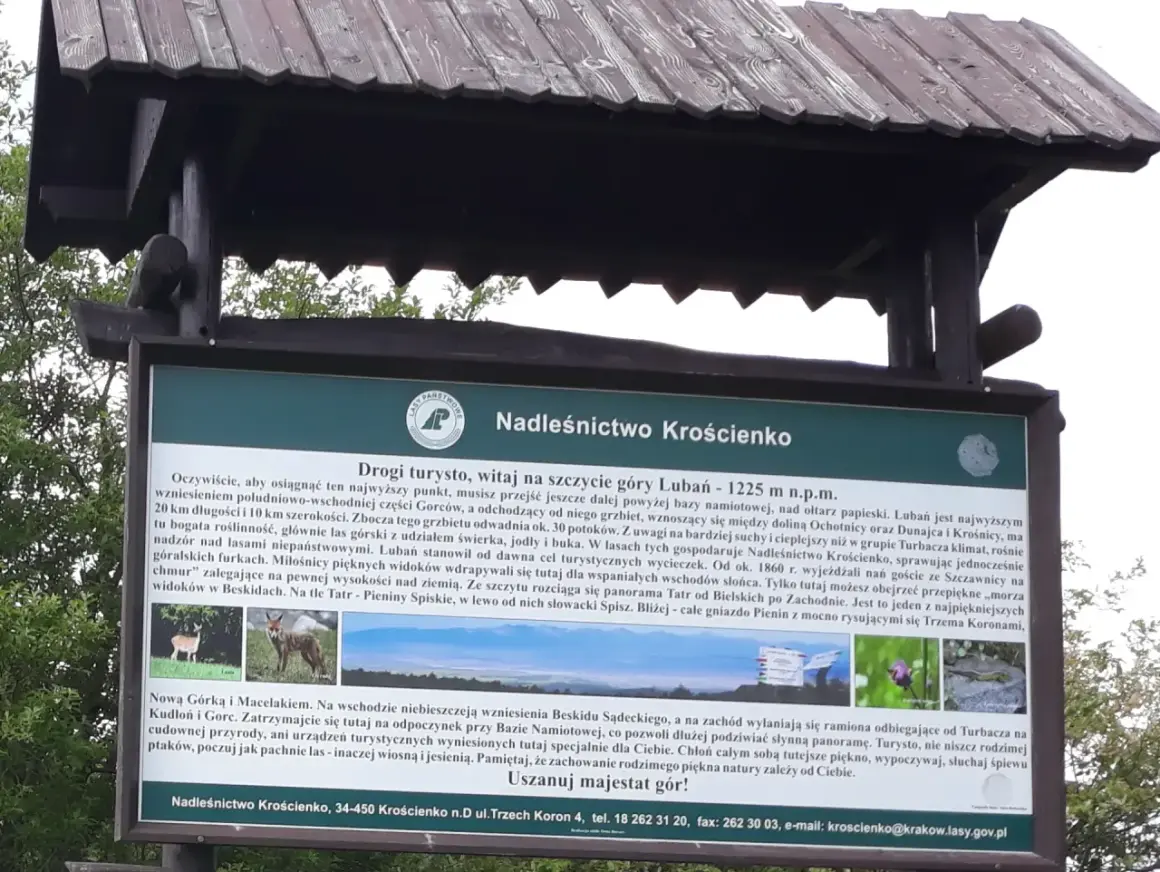 Tablica informacyjna o szczycie góry Lubań (1225 m n.p.m.) w Beskidach. Opisuje szlak, florę i faunę.