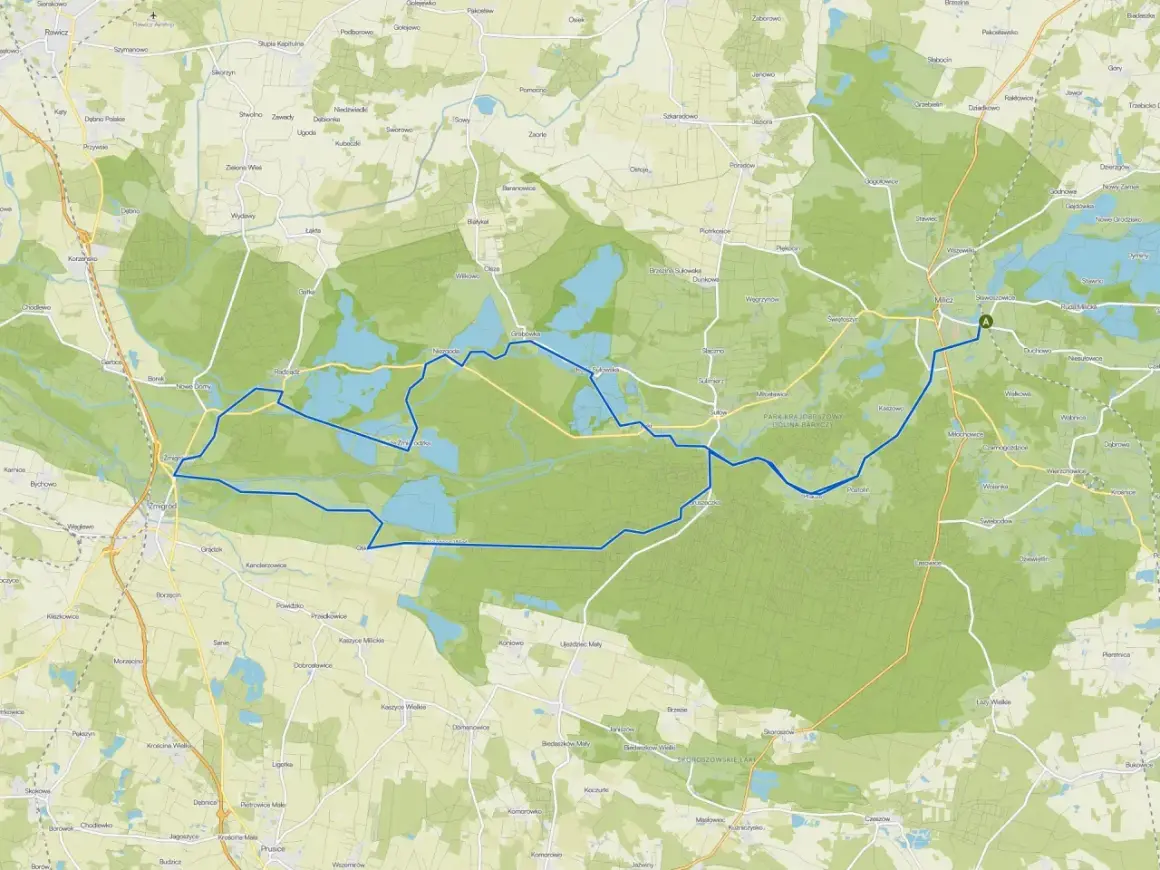 Trasy rowerowe wokół stawów milickich. Mapa pokazuje sieć dróg i ścieżek rowerowych w malowniczym krajobrazie Doliny Baryczy.