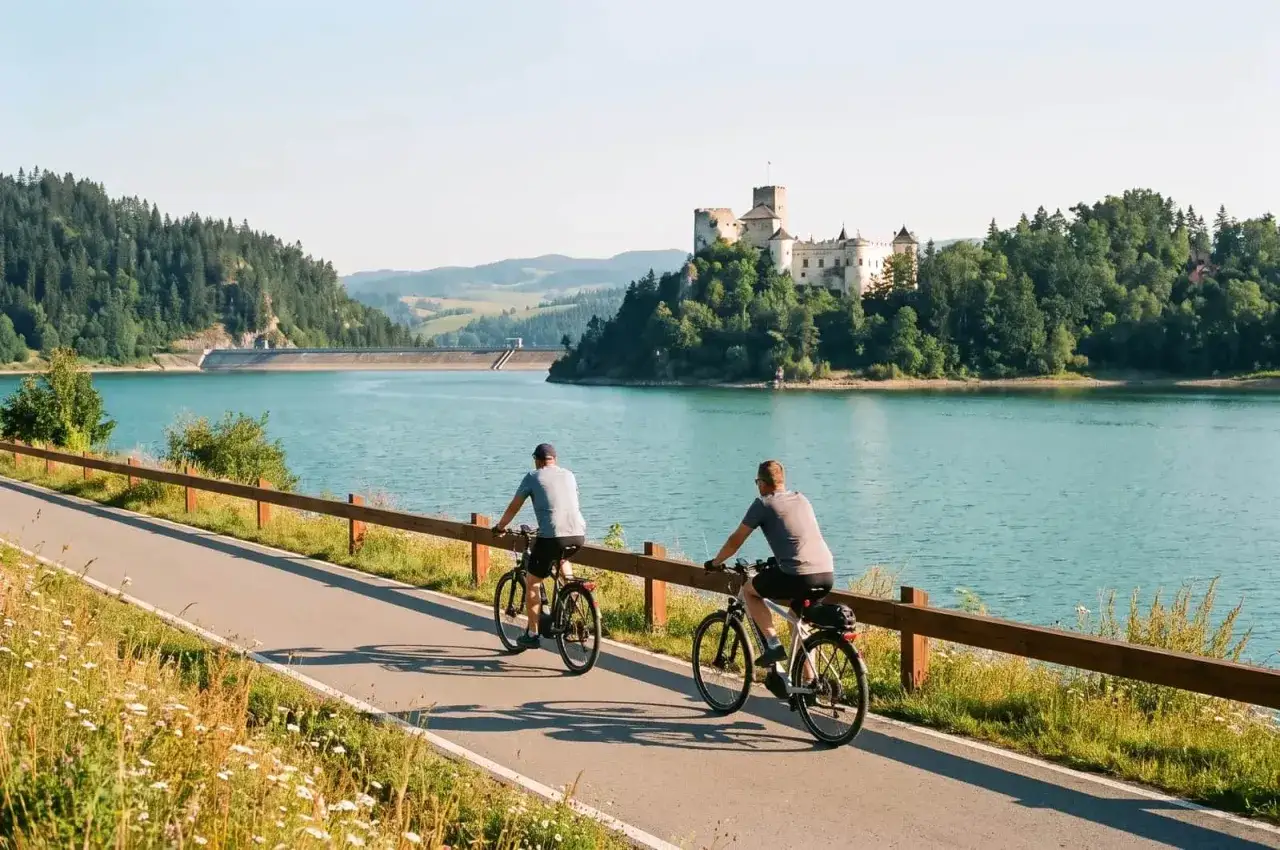 Dwaj rowerzyści jadą ścieżką nad jeziorem w kierunku zamku. Idealne miejsce na velo czorsztyn, gdzie zacząć przygodę z rowerem i zwiedzaniem.