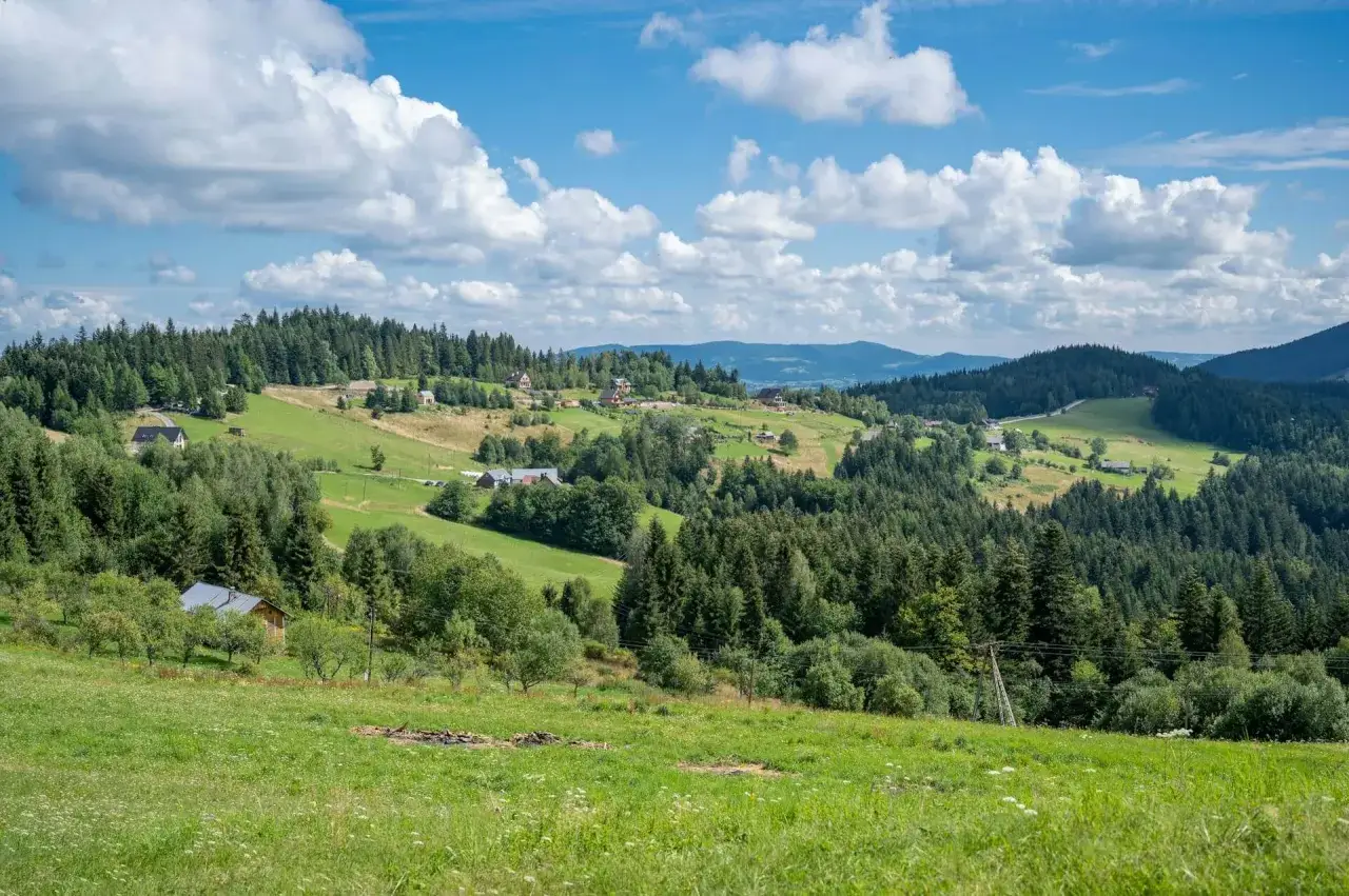 Zielone wzgórza Beskidu Wyspowego, usiane domkami i lasami, pod błękitnym niebem z białymi chmurami.