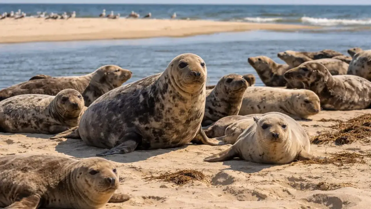 Foki w Mikoszewie odpoczywają na piaszczystej plaży. W tle widać morze i mewy.