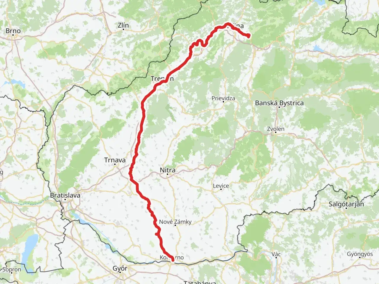 Trasa rowerowa wok&oacute;ł Tatr w jeden dzień. Mapa pokazuje drogę z okolic Bratysławy, przez Nitrę, Żylinę, aż do granicy z Węgrami.