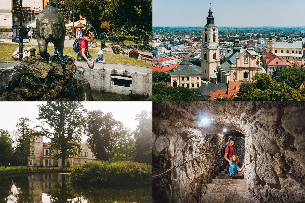 Rodzina odkrywa atrakcje: fontanna z niedźwiedziem, panorama miasta, pałac nad jeziorem i podziemna trasa.