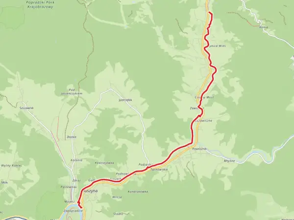 Mapa z zaznaczoną trasą rowerową velo krynica, prowadzącą przez Muszynę, Złockie i okolice Popradzkiego Parku Krajobrazowego.