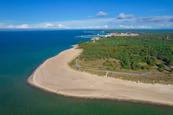 Plaża i las na Helu, końcu Polski. Woda, piasek i zielone drzewa tworzą malowniczy krajobraz.
