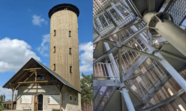 Wieża widokowa na Borówkowej Górze, z kamienno-drewnianym budynkiem u podstawy i metalowymi schodami w środku.