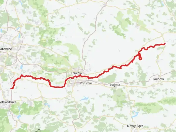 Mapa trasy rowerowej Velo Wisła, biegnącej od okolic Bielska-Białej przez Kraków, Bochnię, Tarnów aż po wschodnie rejony Polski.