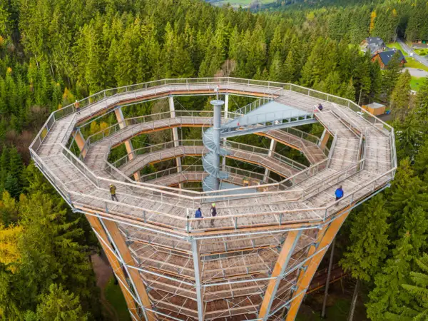 Drewniana wieża widokowa wznosi się pośród lasów Kotliny Kłodzkiej. Kręte ścieżki i spiralne schody zapraszają do podziwiania panoramy.