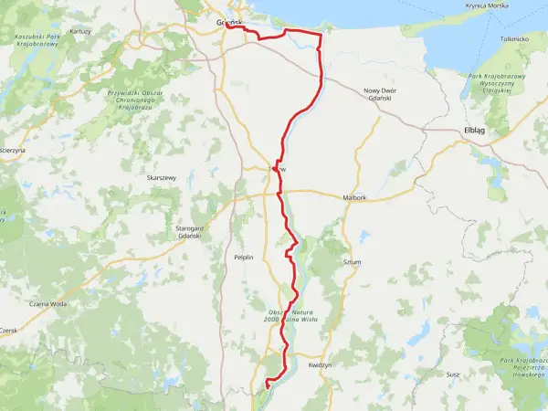 Trasa rowerowa wzdłuż Wisły od Gdańska przez Malbork do Kwidzyna, prowadząca przez obszary Natura 2000.