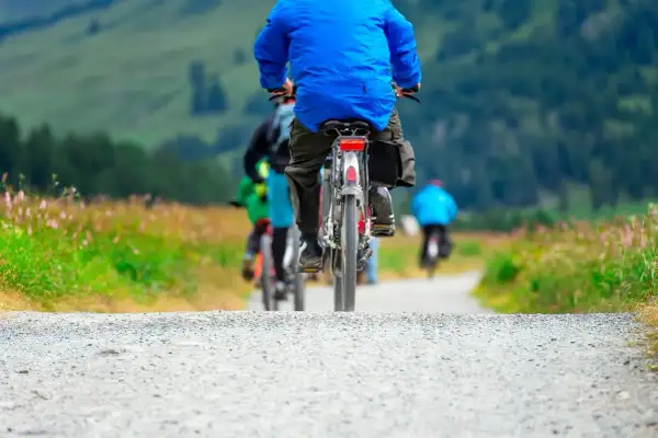 Grupa rowerzystów przemierza malownicze trasy rowerowe Beskid Niski.