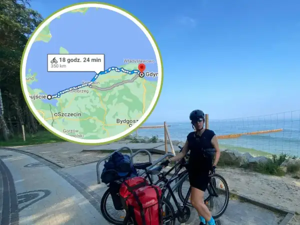Trasa rowerowa ze Świnoujścia na Hel, 350 km w 18h 24 min. Widok na morze i rowerzystkę.