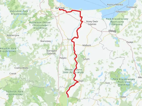 Mapa z zaznaczonymi trasami rowerowymi Elbląg i okolicami. Czerwona linia prowadzi od Gdańska przez Malbork do okolic Elbląga.