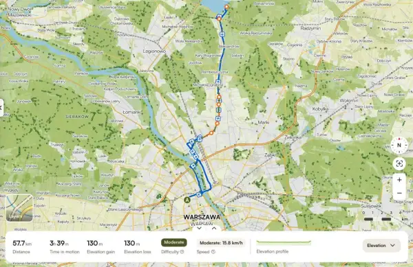 Trasy rowerowe okolice Warszawy: mapa pokazuje pętlę 57,7 km z Warszawy przez Łomianki, Legionowo i powrót.